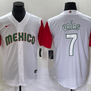 Men's Mexico Baseball #7 Julio Urias 2023 White Red World Baseball With Patch Classic Stitched Jersey 3