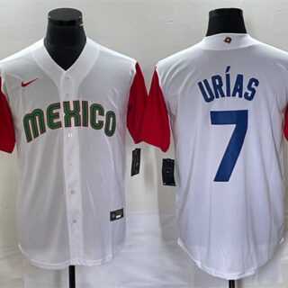 Men's Mexico Baseball #7 Julio Urias 2023 White Red World Baseball With Patch Classic Stitched Jersey 5