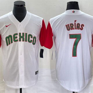 Men's Mexico Baseball #7 Julio Urias 2023 White Red World Baseball With Patch Classic Stitched Jersey