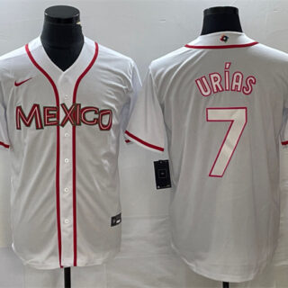 Men's Mexico Baseball #7 Julio Urias 2023 White World Baseball With Patch Classic Stitched Jersey