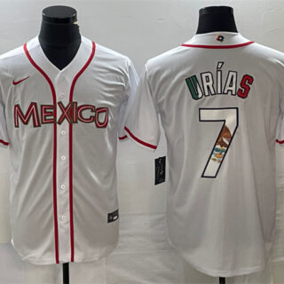 Men's Mexico Baseball #7 Julio Urias 2023 White World Baseball With Patch Classic Stitched Jerseys