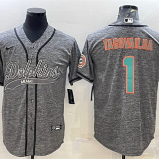 Men's Miami Dolphins #1 Tua Tagovailoa Grey With Patch Cool Base Stitched Baseball Jersey