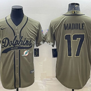 Men's Miami Dolphins #17 Jaylen Waddle Olive 2022 Salute To Service Cool Base Stitched Baseball Jersey