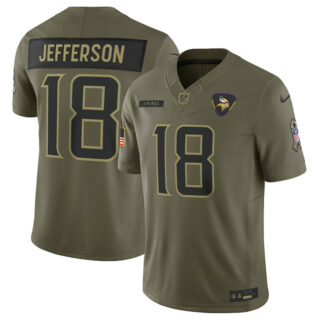 Men's Minnesota Vikings #18 Justin Jefferson Olive 2025 Salute to Service Limited Stitched Football Jersey