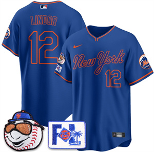 Men's New York Mets Blue Road 2025 Spring Training Jersey All Stitched Blue Francisco Lindor #12