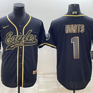 Men's Philadelphia Eagles #1 Jalen Hurts Black Gold With Patch Cool Base Stitched Baseball Jersey