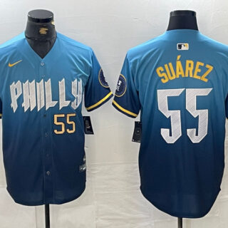 Men's Philadelphia Phillies #55 Ranger Suarez Blue 2024 City Connect Limited Stitched Jersey