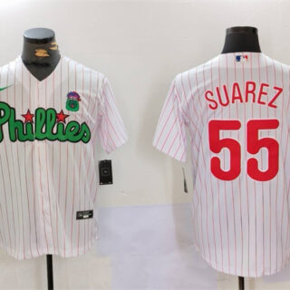Men's Philadelphia Phillies #55 Ranger Suarez White Green Cool Base Stitched Jersey