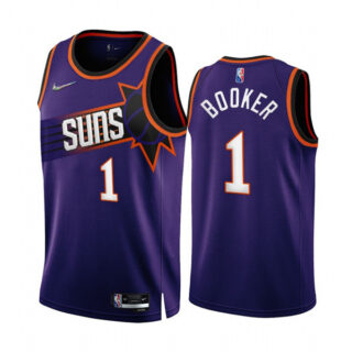 Men's Phoenix Suns #1 Devin Booker 2022 23 Purple 75th Anniversary Icon Edition Stitched Jersey