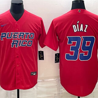 Men's Puerto Rico Baseball #39 Edwin Diaz 2023 Red World Baseball Classic Replica Stitched Jersey