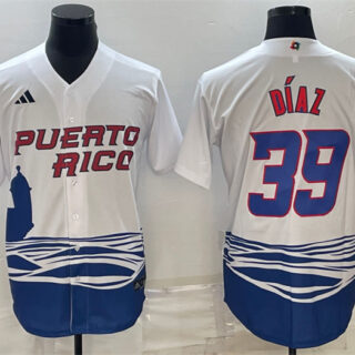 Men's Puerto Rico Baseball #39 Edwin Diaz 2023 White World Baseball Classic Replica Stitched Jersey
