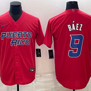 Men's Puerto Rico Baseball #9 Javier Baez 2023 Red World Baseball Classic Replica Stitched Jersey