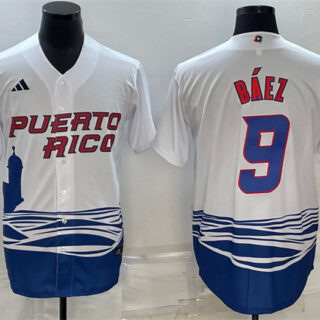 Men's Puerto Rico Baseball #9 Javier Baez 2023 White World Baseball Classic Replica Stitched Jersey
