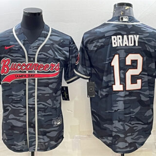 Men's Tampa Bay Buccaneers #12 Tom Brady Grey Camo With Patch Cool Base Stitched Baseball Jersey