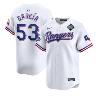 Men's Texas Rangers #53 Adolis Garcia White 2023 World Series Patch And Champions Patch Stitched Baseball Jersey