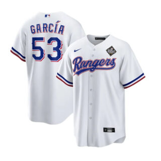 Men's Texas Rangers #53 Adolis Garcia White 2023 World Series Stitched Baseball Jersey
