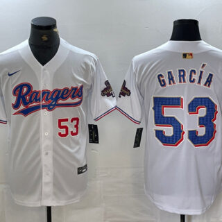 Men's Texas Rangers #53 Adolis Garcia White Gold Cool Base Stitched Baseball Jersey
