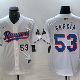 Men's Texas Rangers #53 Adolis Garcia White Gold Cool Base Stitched Baseball Jersey