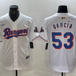Men's Texas Rangers #53 Adolis Garcia White Gold Cool Base Stitched Baseball Jersey