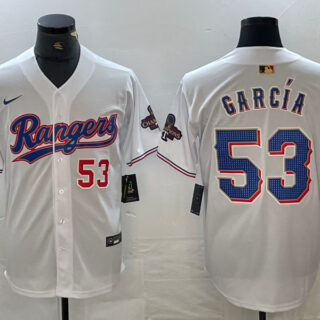 Men's Texas Rangers #53 Adolis Garcia White Gold Cool Base Stitched Baseball Jersey