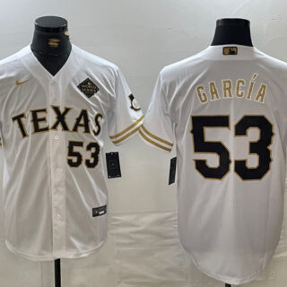 Men's Texas Rangers #53 Adolis Garcia White Gold With Patch Cool Base Stitched Baseball Jerseys
