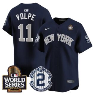 Men's Yankees Derek Jeter Patch 2024 World Series Vapor Premier Limited Jersey All Stitched Anthony Volpe #11