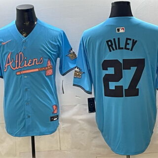 Men's Atlanta Braves #27 Austin Riley Blue 2024 Atliens & Peach With Outkast Patch Vapor Limited Stitched Baseball Jersey