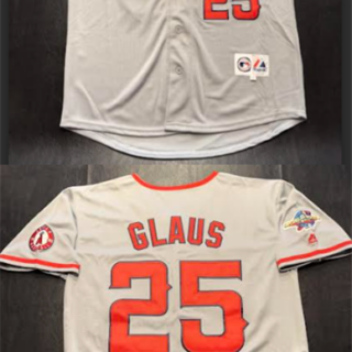 Men's Los Angeles Angels #25 Troy Glaus Grey With 2002 World Series Patch Stitched Baseball Jersey