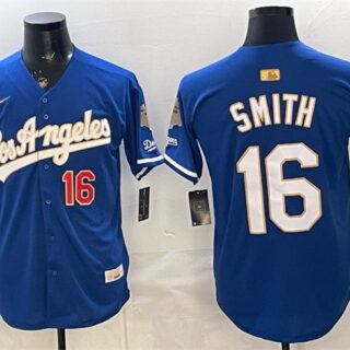 Men's Los Angeles Dodgers #16 Will Smith Royal 2026 Gold Collection 9x & B2B Champs Patch Stitched Baseball Jersey
