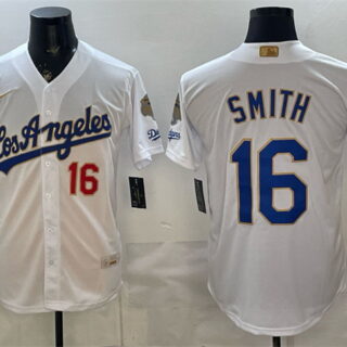 Men's Los Angeles Dodgers #16 Will Smith White 2026 Gold Collection 9x & B2B Champs Patch Stitched Baseball Jersey