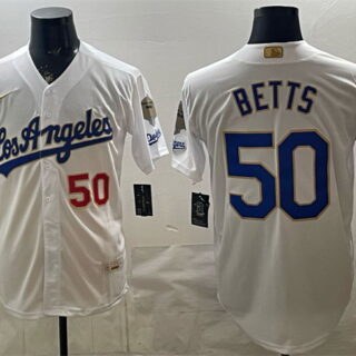 Men's Los Angeles Dodgers #50 Mookie Betts White 2026 Gold Collection 9x & B2B Champs Patch Stitched Baseball Jersey