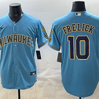 Men's Milwaukee Brewers #10 Sal Frelick Blue With Home & Bob Uecker Patch Stitched Baseball Jersey