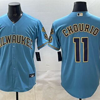 Men's Milwaukee Brewers #11 Jackson Chourio Blue With Home & Bob Uecker Patch Stitched Baseball Jersey
