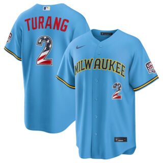 Men's Milwaukee Brewers #2 Brice Turang Blue 2026 USA 250 Fourth of July Home Stadium Stitched Baseball Jersey