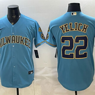 Men's Milwaukee Brewers #22 Christian Yelich Blue With Home & Bob Uecker Patch Stitched Baseball Jersey