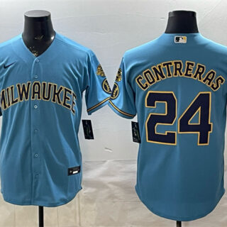 Men's Milwaukee Brewers #24 William Contreras Blue With Home & Bob Uecker Patch Stitched Baseball Jersey