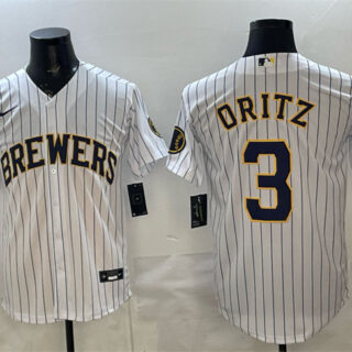 Men's Milwaukee Brewers #3 Joey Ortiz White Pinstripe 2025 With Patch Stitched Baseball Jersey