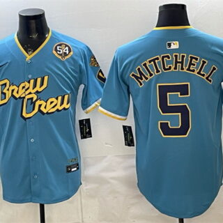 Men's Milwaukee Brewers #5 Garrett Mitchell Powder Blue City Connect With Home & Bob Uecker Patch Limited Stitched Baseball Jersey