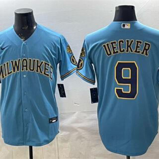 Men's Milwaukee Brewers #9 Bob Uecker Blue With Home & Bob Uecker Patch Stitched Baseball Jersey