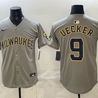 Men's Milwaukee Brewers #9 Bob Uecker Grey Home Limited Stitched Jersey