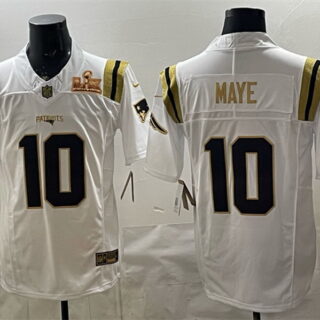Men's New England Patriots #10 Drake Maye White Gold 2025 F.U.S.E. Super Bowl LX Patch Vapor Limited Stitched Football Jersey