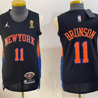 Men's New Yok Knicks #11 Jalen Brunson Black 2026 Finals Champions Patch Statement Edition Stitched Jersey