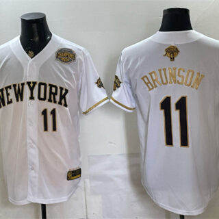 Men's New York Knicks #11 Jalen Brunson White Gold 2026 Finals & Eastern Conference Champions Patch Stitched Baseball Jersey
