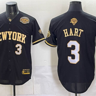 Men's New York Knicks #3 Josh Hart Black Gold 2026 Finals & Eastern Conference Champions Patch Stitched Baseball Jersey