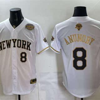 Men's New York Knicks #8 OG Anunoby White Gold 2026 Finals & Eastern Conference Champions Patch Stitched Baseball Jersey