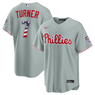 Men's Philadelphia Phillies #7 Trea Turner Grey USA 250 Fourth of July Home Stitched Baseball Jersey