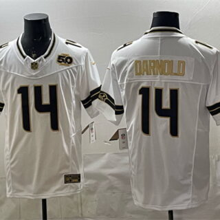 Men's Seattle Seahawks #14 Sam Darnold White Gold 2025 F.U.S.E. 50th Season Patch Vapor Limited Stitched Football Jersey