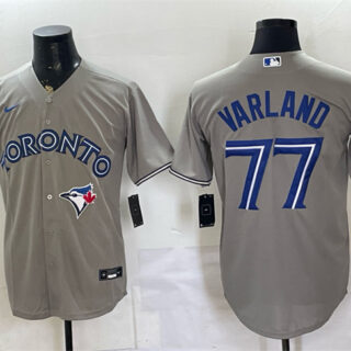 Men's Toronto Blue Jays #77 Louis Varland Grey 50 Seasons Patch Stitched Baseball Jersey