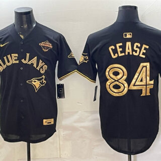 Men's Toronto Blue Jays #84 Dylan Cease Black Gold 2025 American League Champions Limited Stitched Baseball Jersey