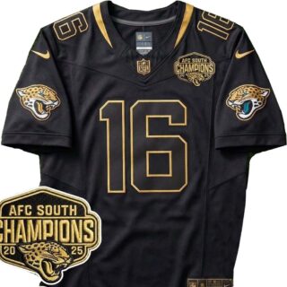 Men's #16 Trevor Lawrence Black Jacksonville Jaguars AFC South Champions 2025 patch Vapor Gold Limited Jersey